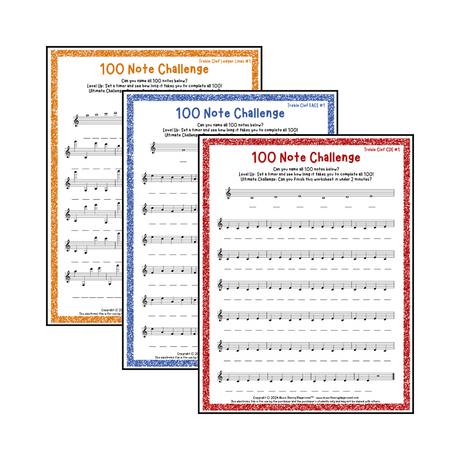 100 Note Challenge - Note Reading Music Worksheets