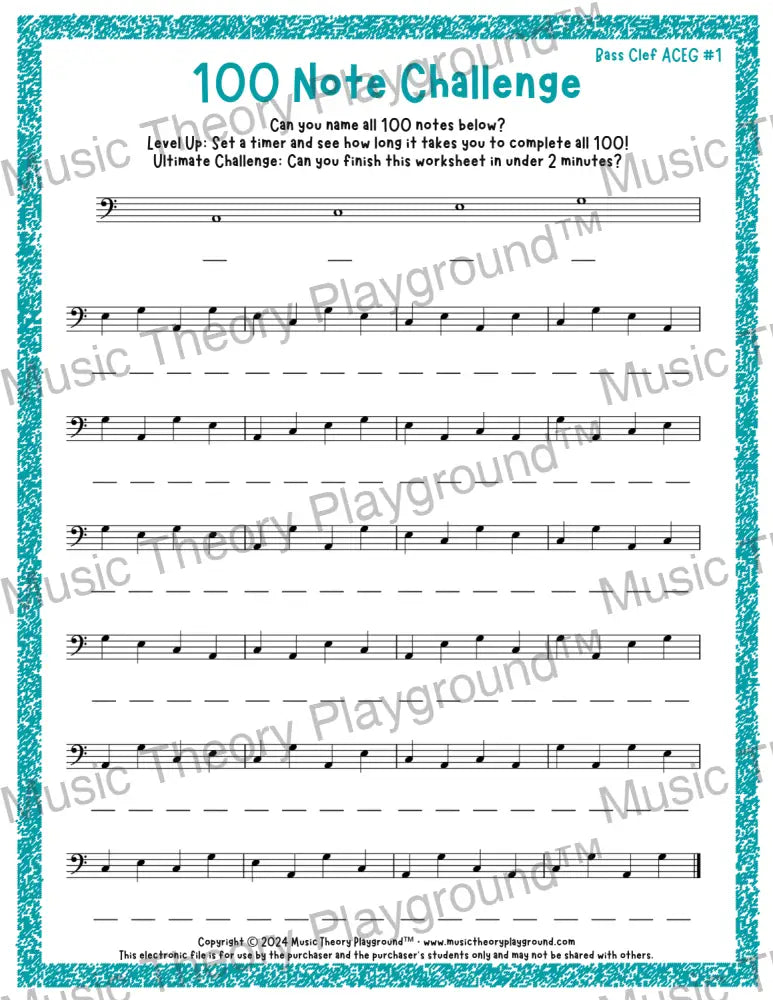 100 Note Challenge Bass Clef Version 1 ACEG / Worksheet + Answer Key Student Worksheet