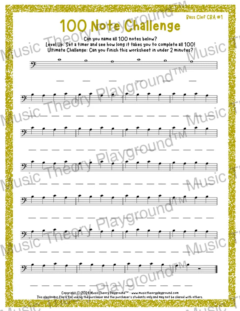 100 Note Challenge Bass Clef Version 1 CBA / Worksheet + Answer Key Student Worksheet