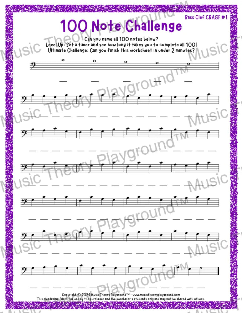 100 Note Challenge Bass Clef Version 1 CBAGF / Worksheet + Answer Key Student Worksheet