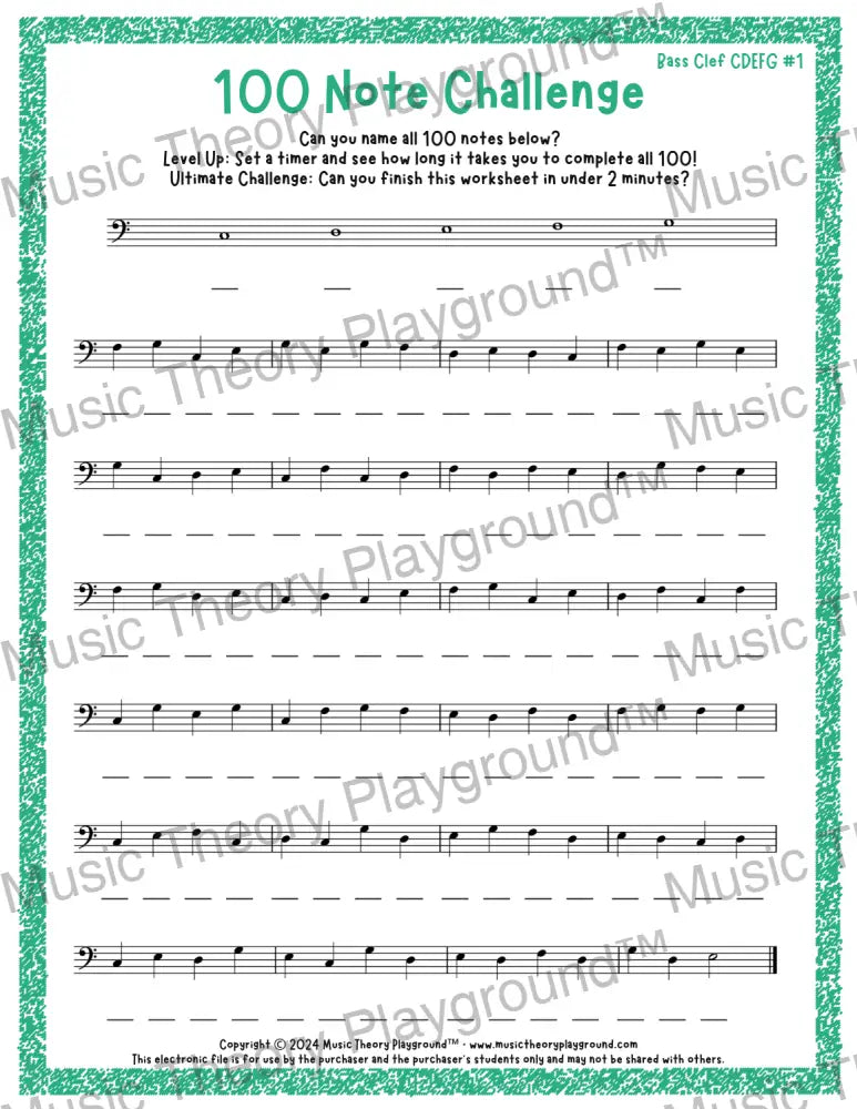 100 Note Challenge Bass Clef Version 1 CDEFG / Worksheet + Answer Key Student Worksheet
