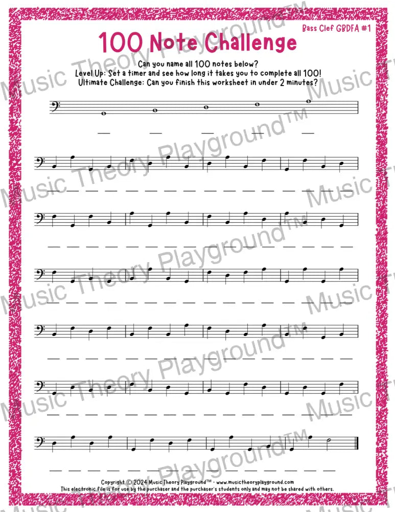 100 Note Challenge Bass Clef Version 1 GBDFA / Worksheet + Answer Key Student Worksheet