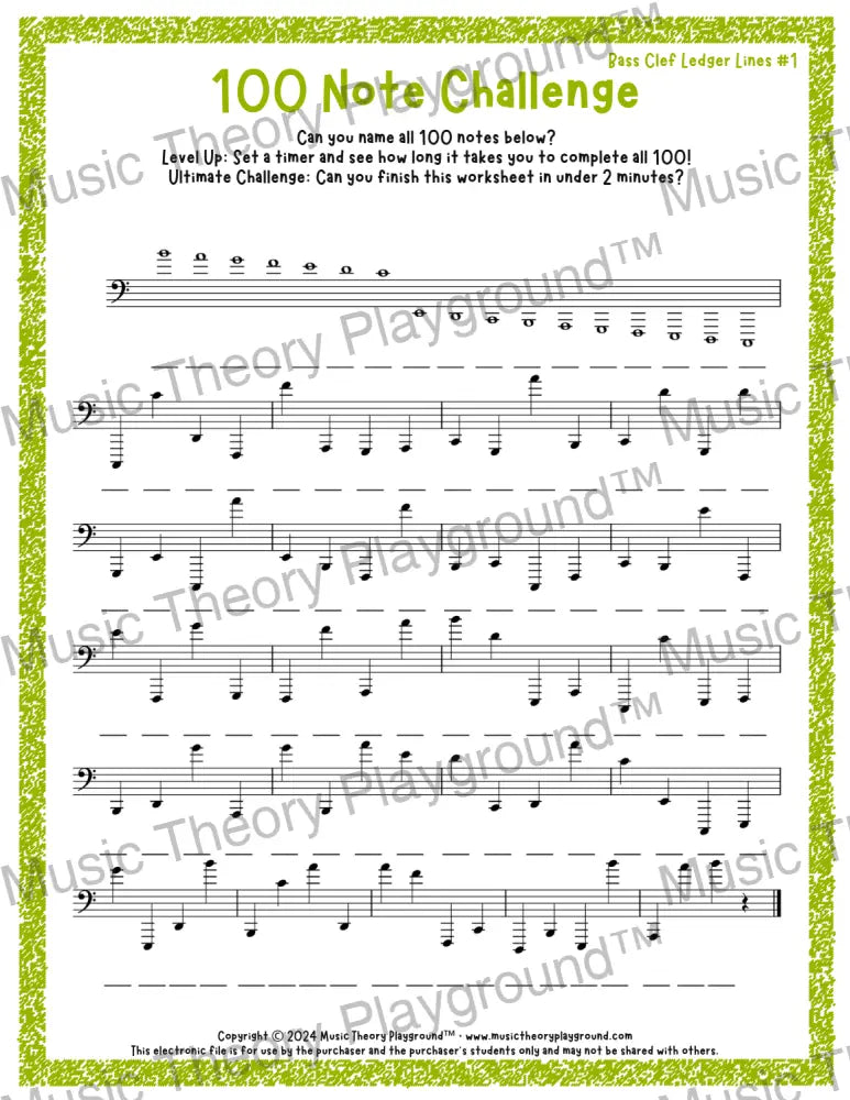100 Note Challenge Bass Clef Version 1 Ledger Lines / Worksheet + Answer Key Student Worksheet