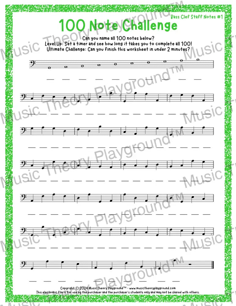 100 Note Challenge Bass Clef Version 1 Staff Notes / Worksheet + Answer Key Student Worksheet