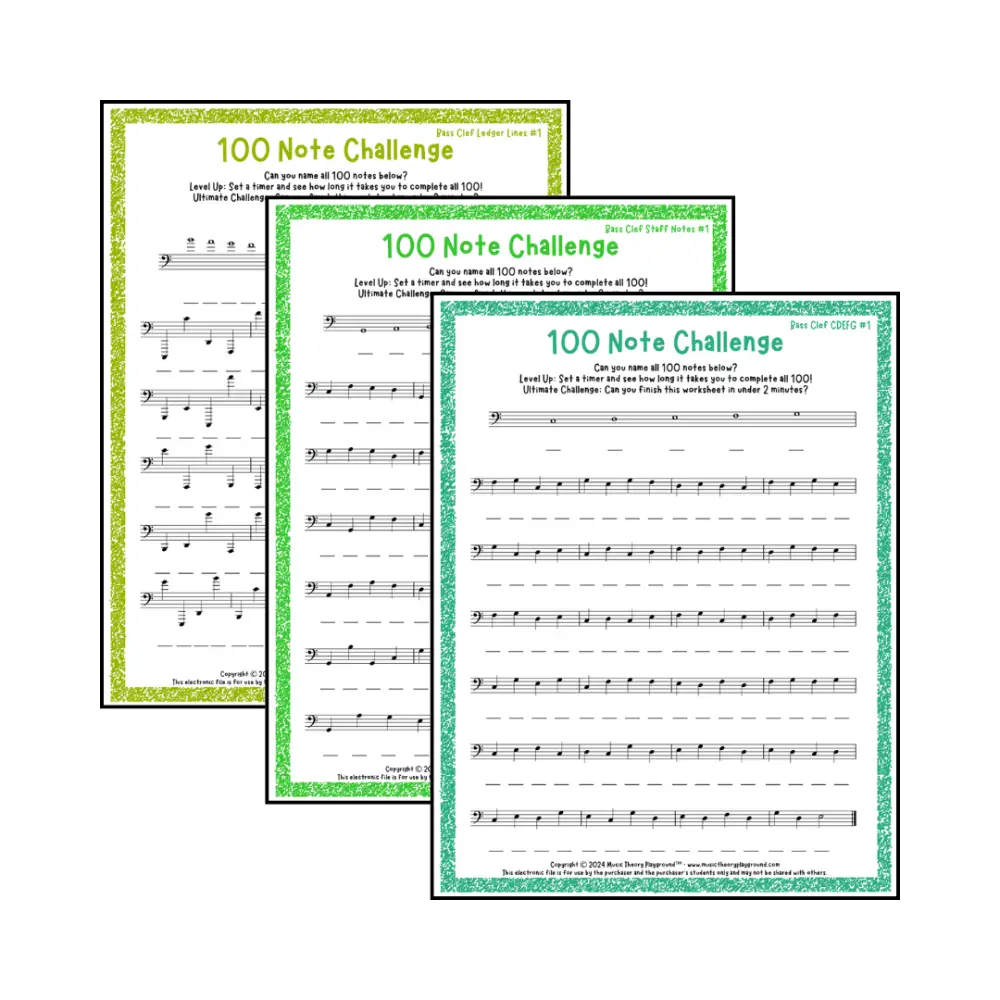 100 Note Challenge Bass Clef Version 1 Student Worksheet