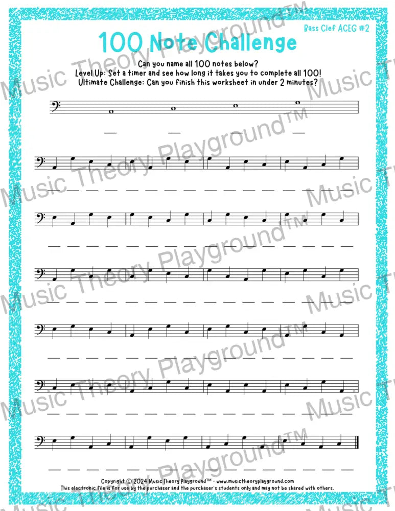 100 Note Challenge Bass Clef Version 2 ACEG / Worksheet + Answer Key Student Worksheet
