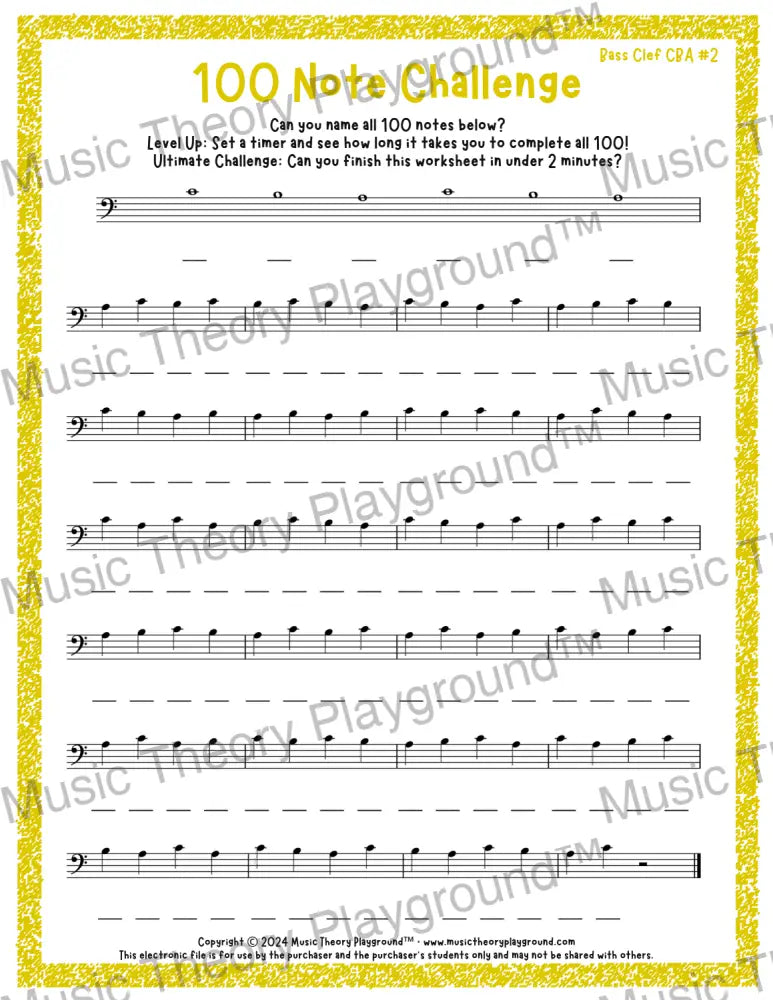 100 Note Challenge Bass Clef Version 2 CBA / Worksheet + Answer Key Student Worksheet