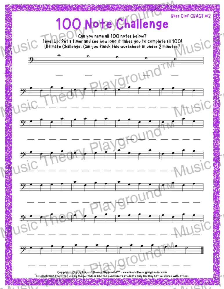 100 Note Challenge Bass Clef Version 2 CBAGF / Worksheet + Answer Key Student Worksheet