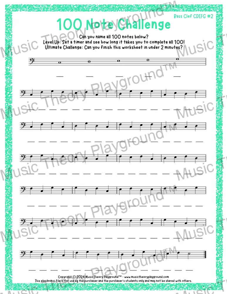 100 Note Challenge Bass Clef Version 2 CDEFG / Worksheet + Answer Key Student Worksheet