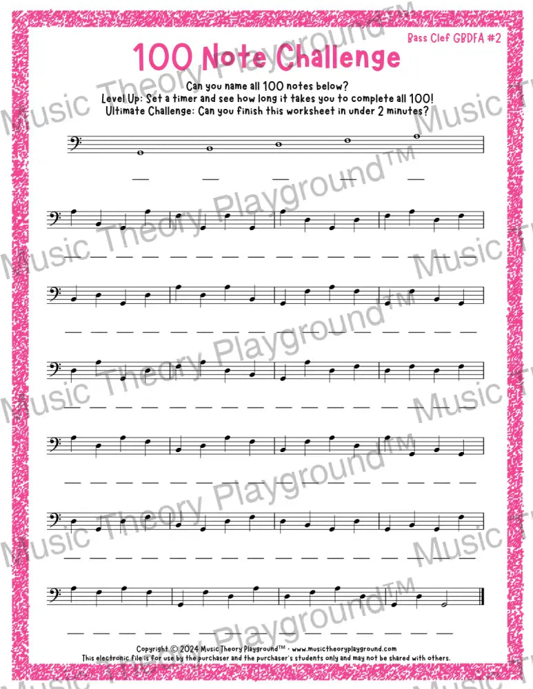 100 Note Challenge Bass Clef Version 2 GBDFA / Worksheet + Answer Key Student Worksheet