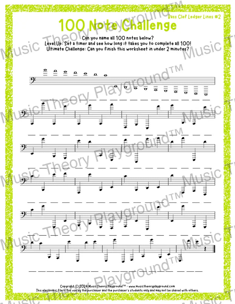 100 Note Challenge Bass Clef Version 2 Ledger Lines / Worksheet + Answer Key Student Worksheet
