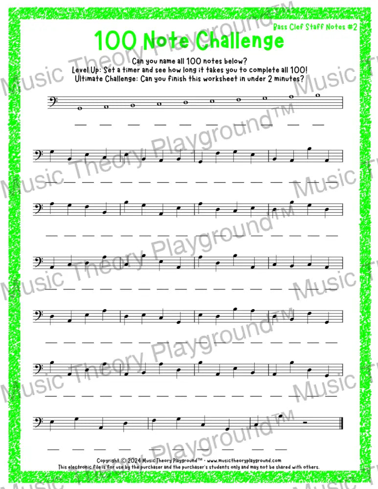 100 Note Challenge Bass Clef Version 2 Staff Notes / Worksheet + Answer Key Student Worksheet