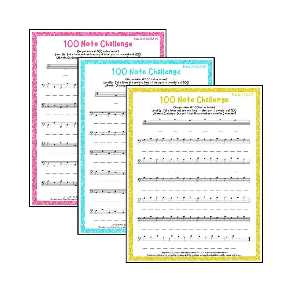 100 Note Challenge Bass Clef Version 2 Student Worksheet