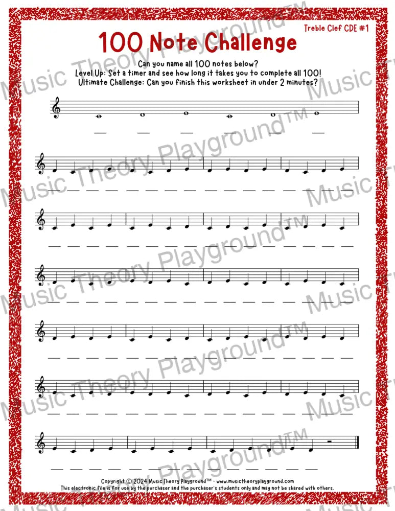 100 Note Challenge Treble Clef Version 1 CDE / Worksheet + Answer Key Student Worksheet