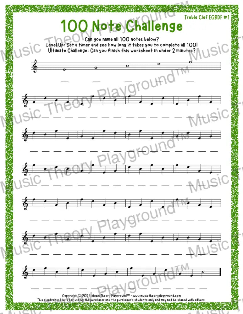 100 Note Challenge Treble Clef Version 1 EGBDF / Worksheet + Answer Key Student Worksheet