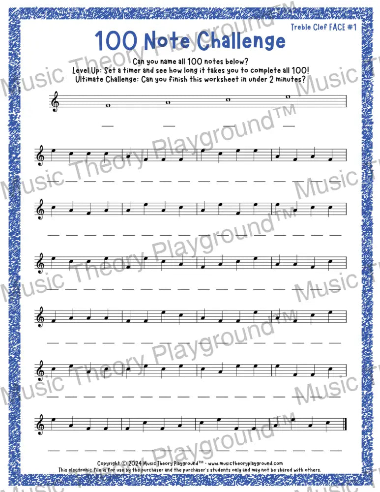 100 Note Challenge Treble Clef Version 1 FACE / Worksheet + Answer Key Student Worksheet