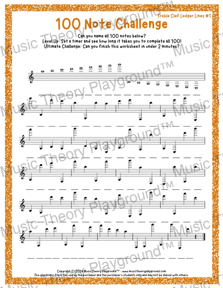 100 Note Challenge Treble Clef Version 1 Ledger Lines / Worksheet + Answer Key Student Worksheet