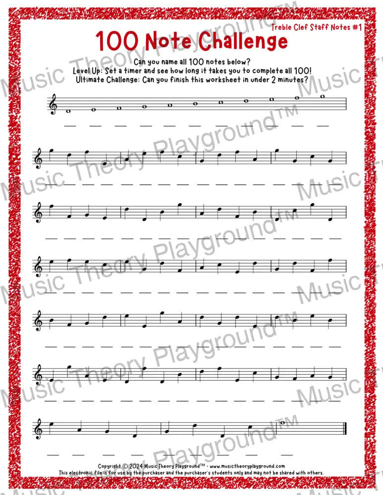 100 Note Challenge Treble Clef Version 1 Staff Notes / Worksheet + Answer Key Student Worksheet