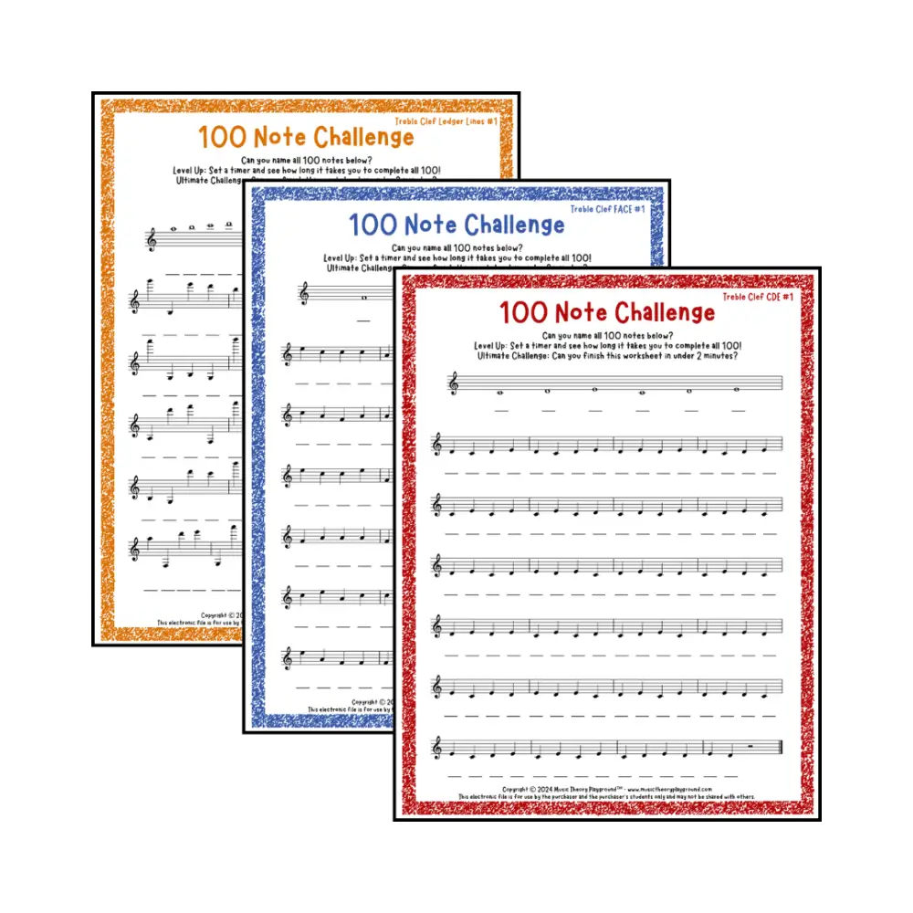 100 Note Challenge Treble Clef Version 1 Student Worksheet