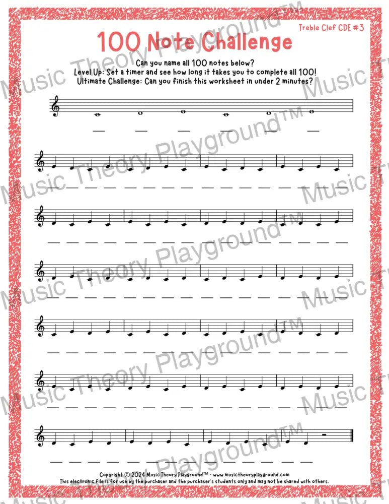 100 Note Challenge Treble Clef Version 3 CDE / Worksheet + Answer Key Student Worksheet