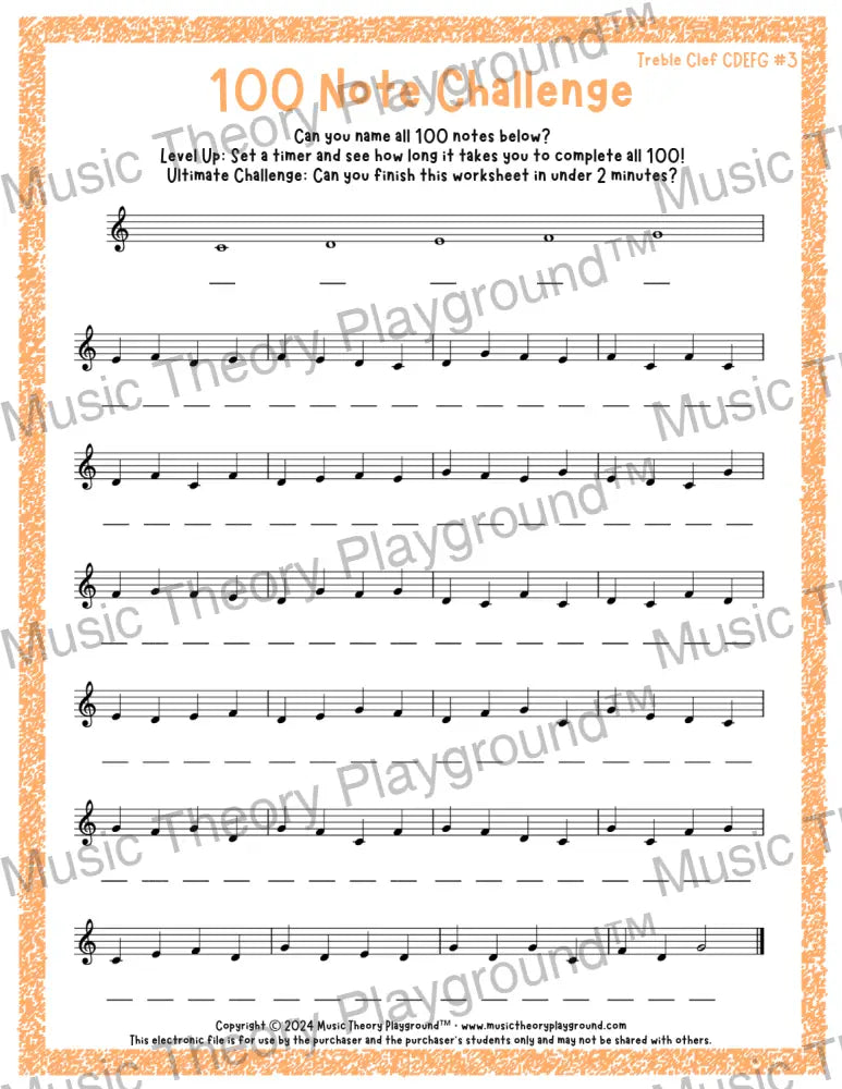 100 Note Challenge Treble Clef Version 3 CDEFG / Worksheet + Answer Key Student Worksheet
