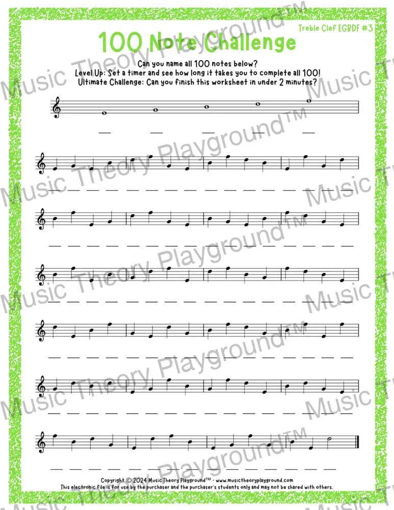100 Note Challenge Treble Clef Version 3 EGBDF / Worksheet + Answer Key Student Worksheet