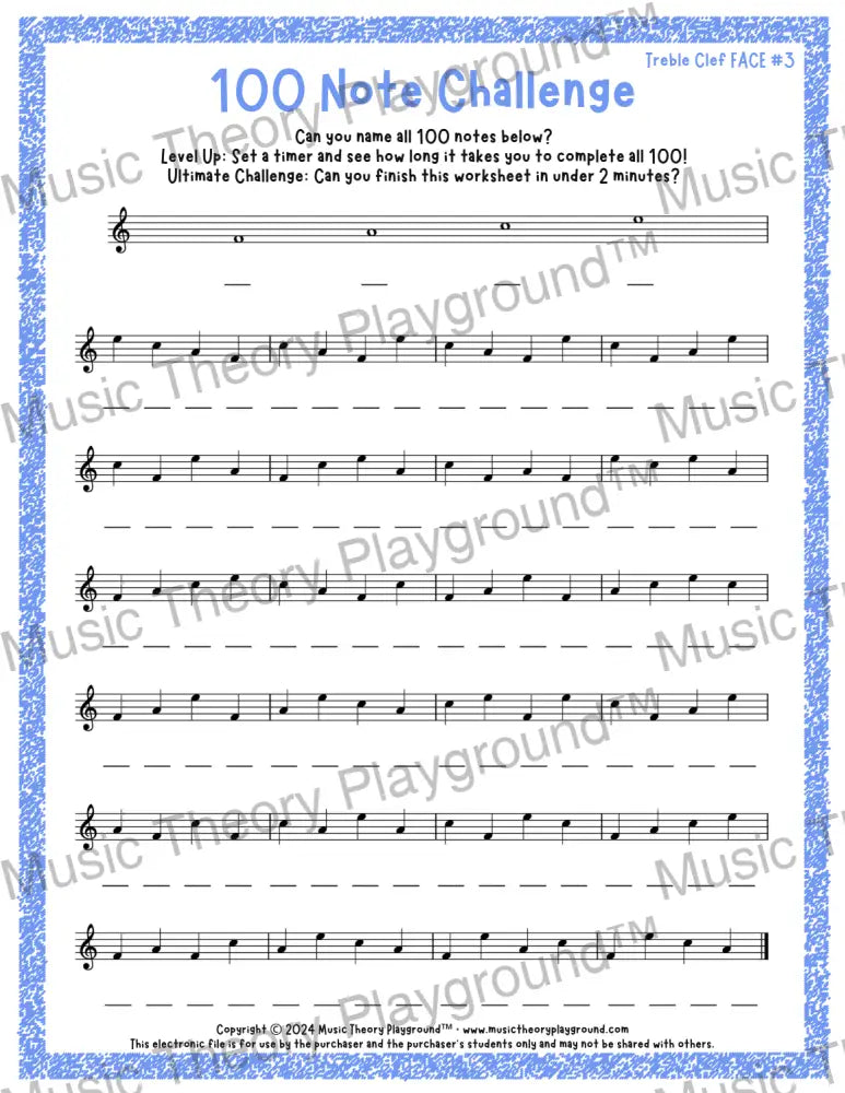 100 Note Challenge Treble Clef Version 3 FACE / Worksheet + Answer Key Student Worksheet