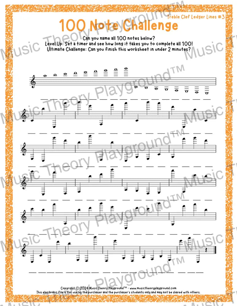 100 Note Challenge Treble Clef Version 3 Ledger Lines / Worksheet + Answer Key Student Worksheet
