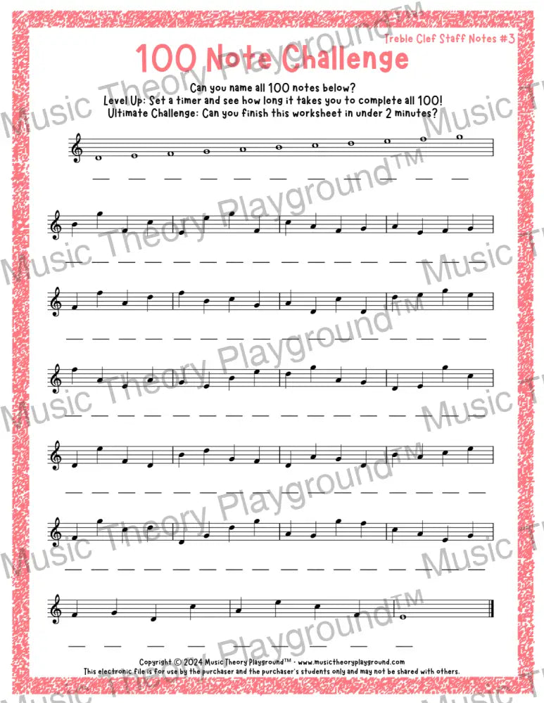 100 Note Challenge Treble Clef Version 3 Staff Notes / Worksheet + Answer Key Student Worksheet