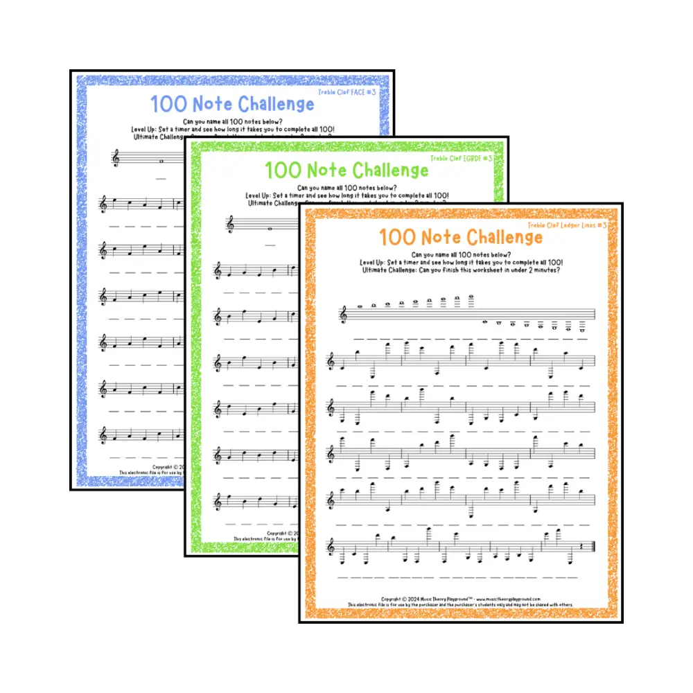 100 Note Challenge Treble Clef Version 3 Student Worksheet