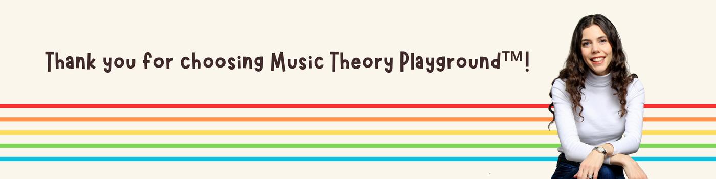 Woman sitting in front of a colourful music staff. The text reads "Thank you for choosing Music Theory Playground!" The woman is Bronwyn Schuman, the Owner and Founder of Music Theory Playground. 