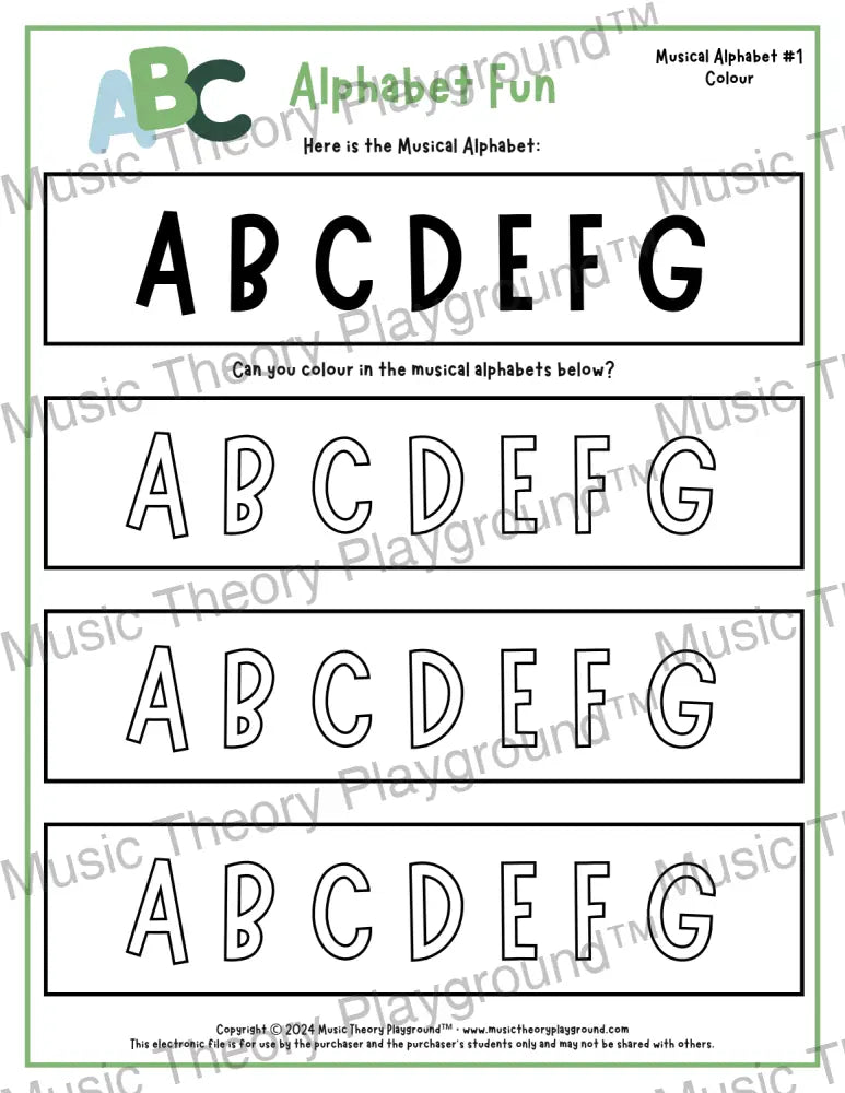 Musical alphabet music theory worksheet for beginners -  printable PDF