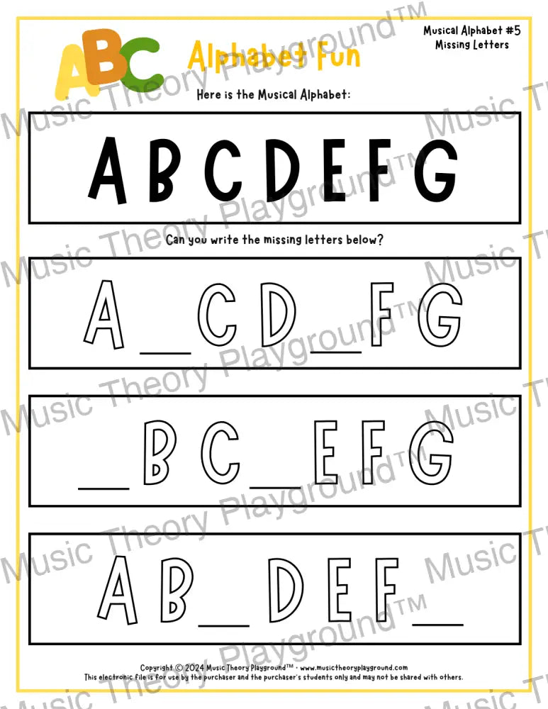 Musical alphabet music theory worksheet for beginners -  printable PDF