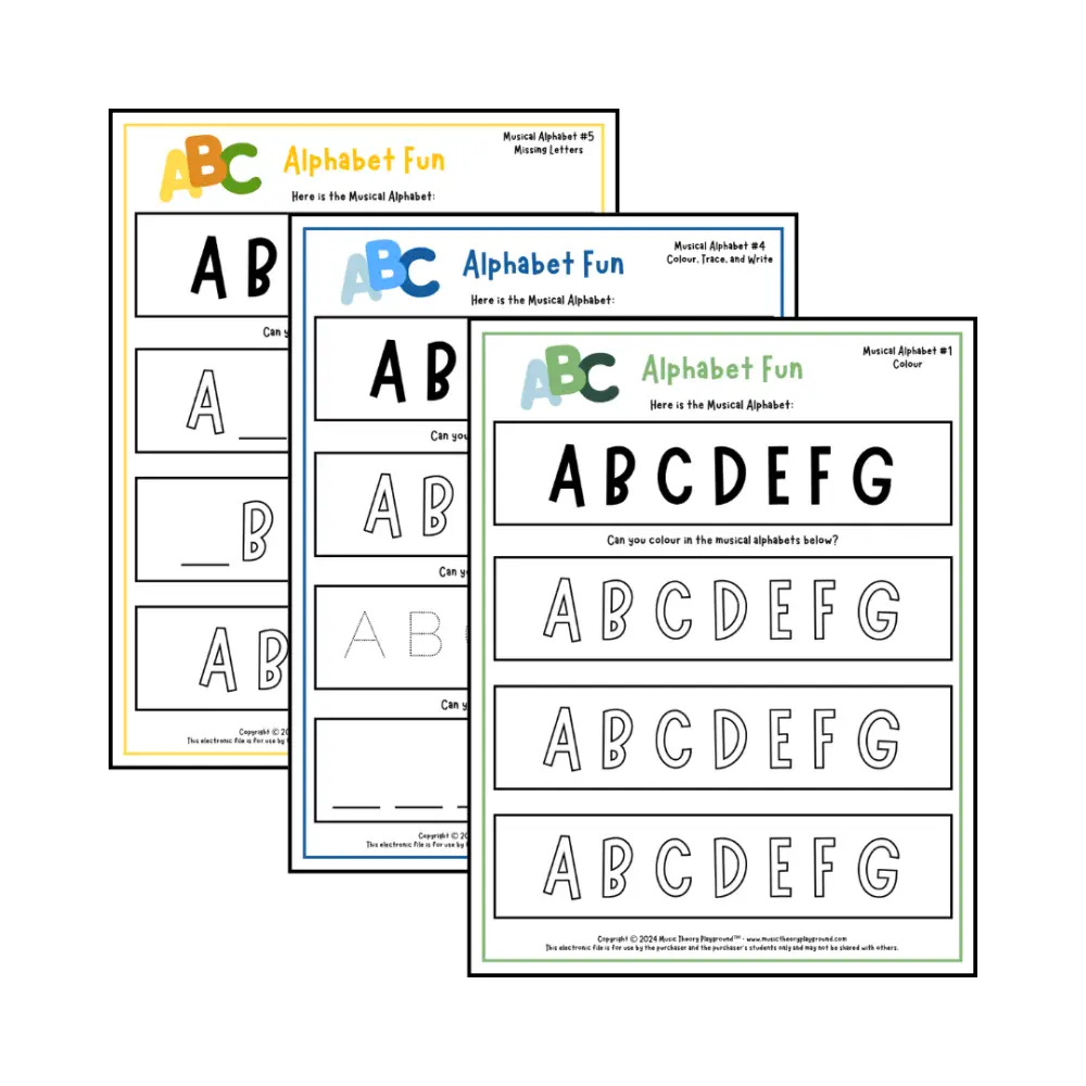Musical alphabet music theory worksheets for beginners -  printable PDFs