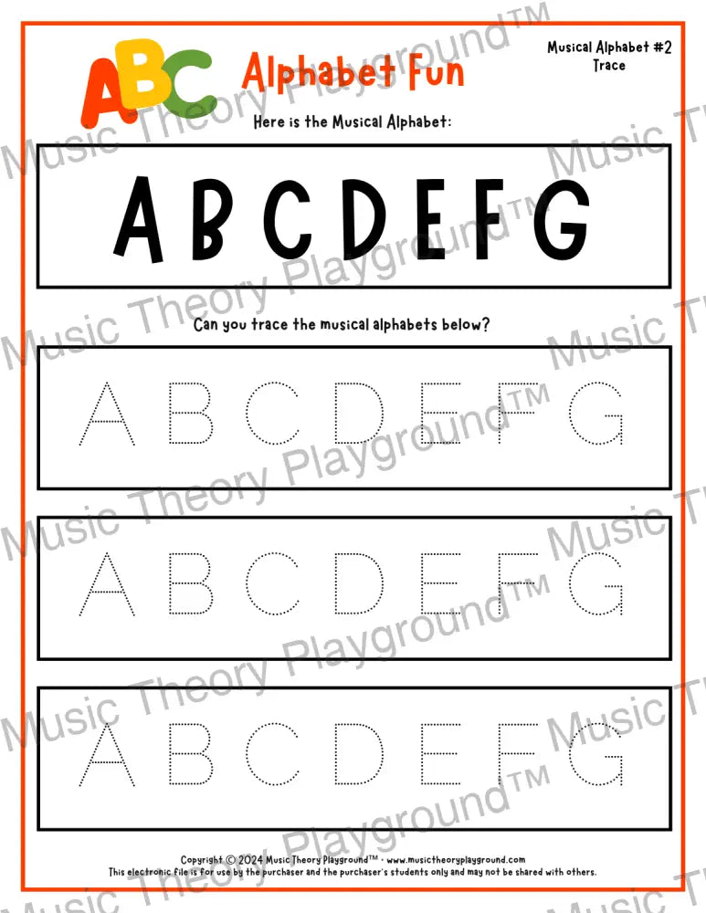 Musical alphabet music theory worksheet for beginners -  printable PDF