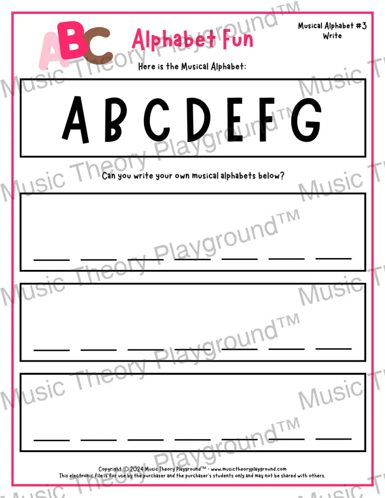 Musical alphabet music theory worksheet for beginners -  printable PDF