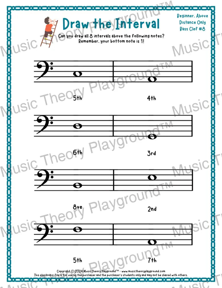 Draw the Interval: Beginner Bass Clef (Above) - Collection 2 3 / Worksheet + Answer Key Student Worksheet