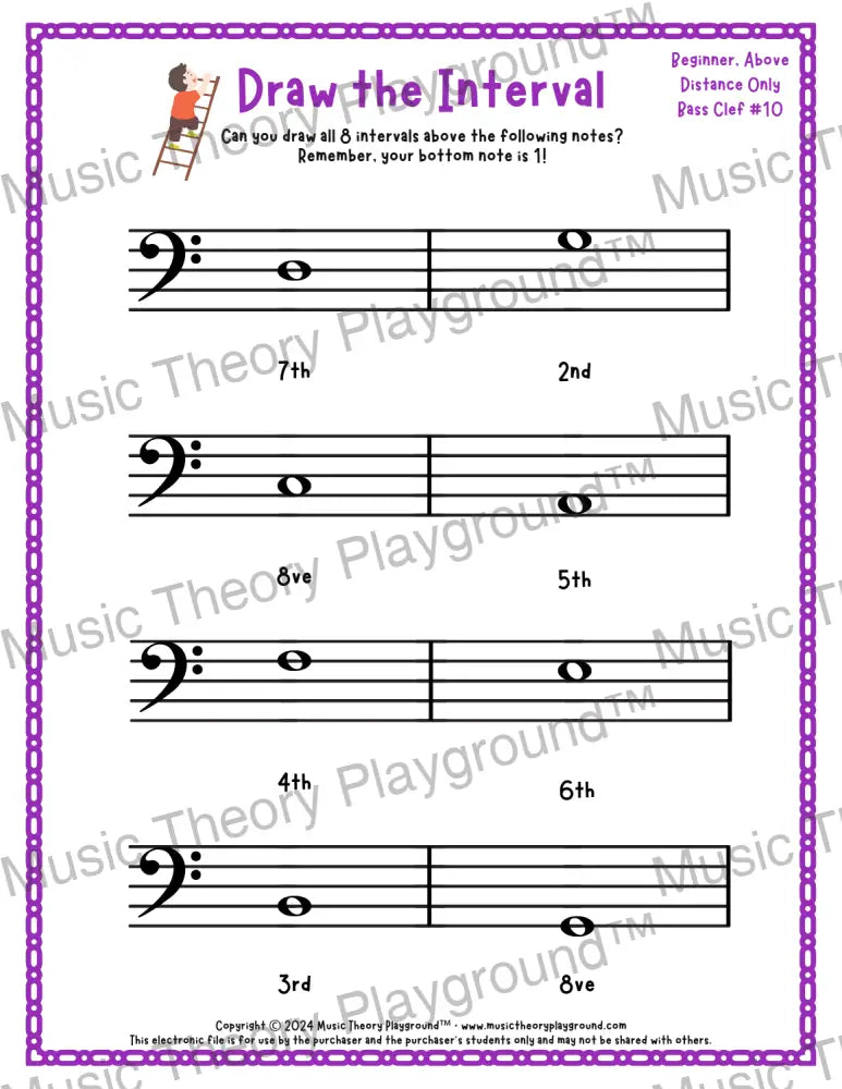 Draw the Interval: Beginner Bass Clef (Above) - Collection 2 5 / Worksheet + Answer Key Student Worksheet