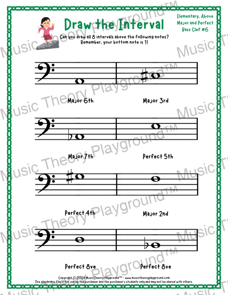 Draw the Interval: Elementary Bass Clef (Above) - Collection 2 1 / Worksheet + Answer Key Student Worksheet