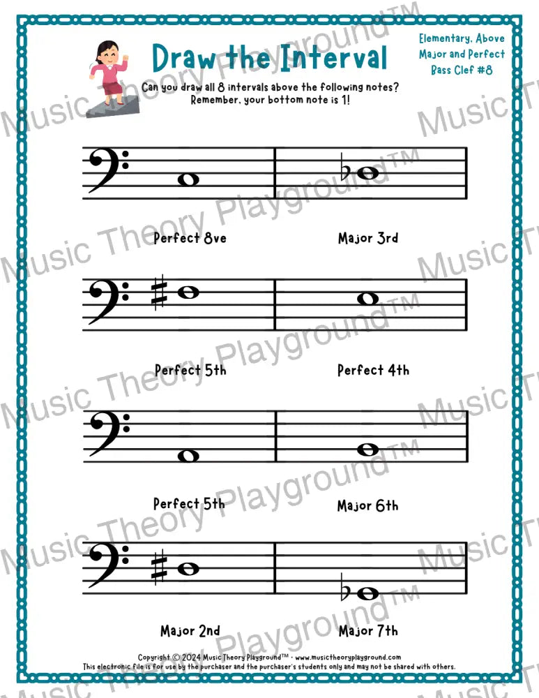Draw the Interval: Elementary Bass Clef (Above) - Collection 2 3 / Worksheet + Answer Key Student Worksheet