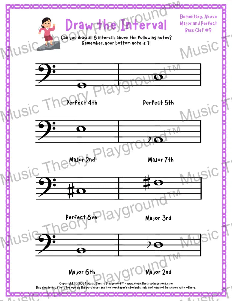 Draw the Interval: Elementary Bass Clef (Above) - Collection 2 4 / Worksheet + Answer Key Student Worksheet