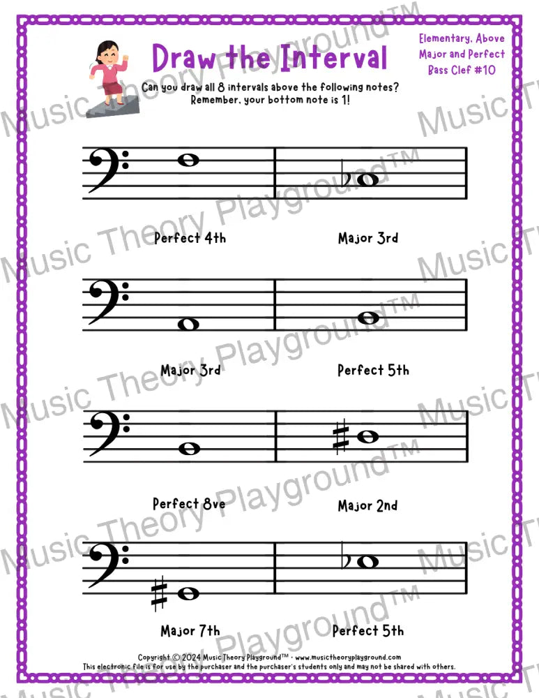 Draw the Interval: Elementary Bass Clef (Above) - Collection 2 5 / Worksheet + Answer Key Student Worksheet