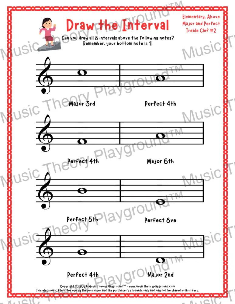 Draw the Interval: Elementary Treble Clef (Above) - Collection 1 2 / Worksheet + Answer Key Student Worksheet
