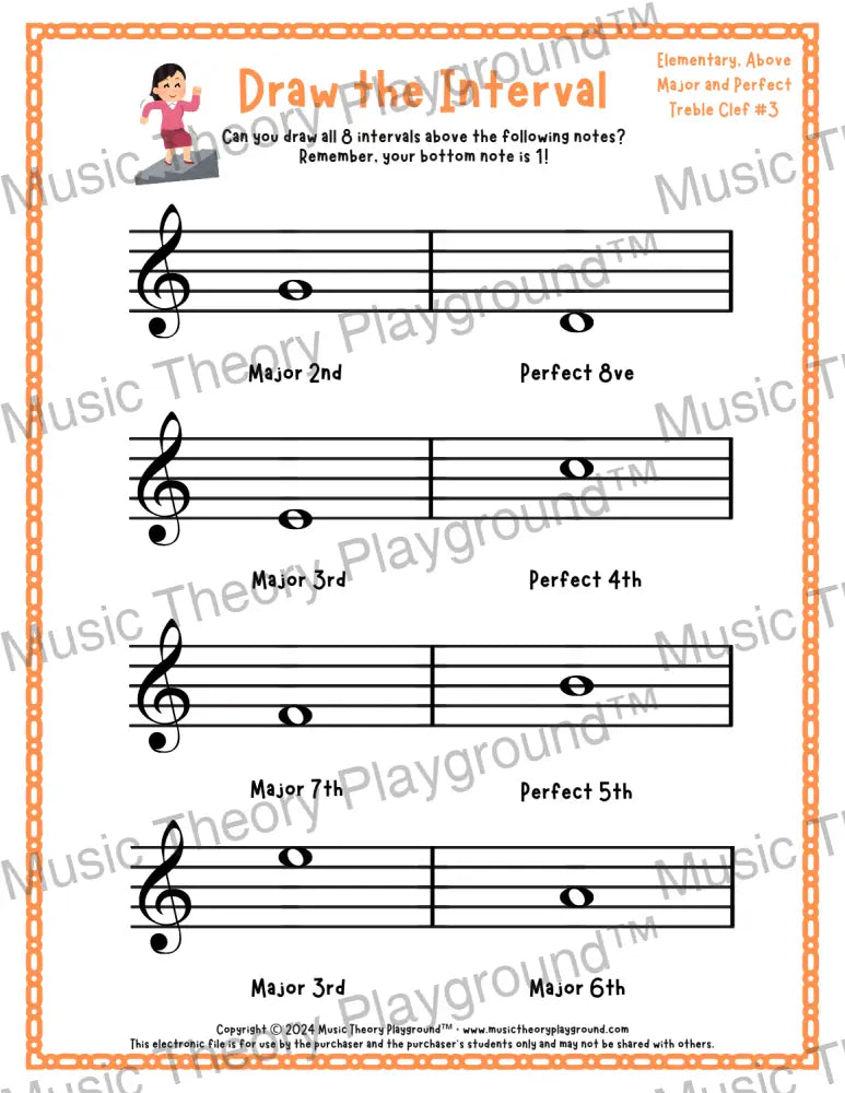 Draw the Interval: Elementary Treble Clef (Above) - Collection 1 3 / Worksheet + Answer Key Student Worksheet