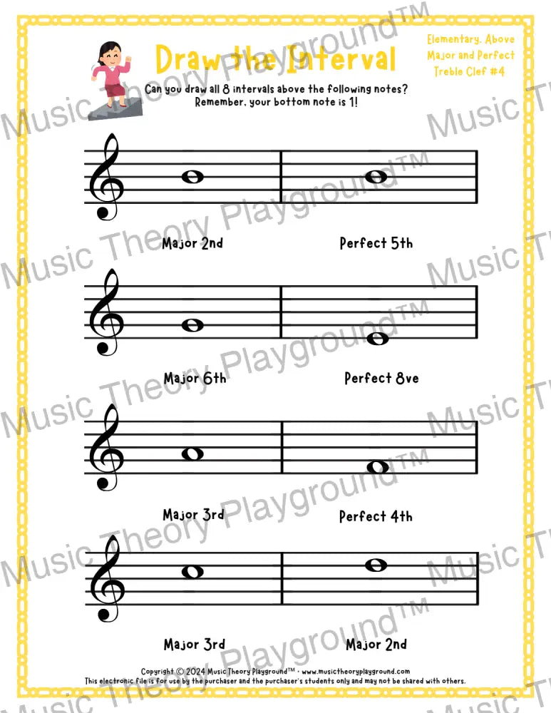 Draw the Interval: Elementary Treble Clef (Above) - Collection 1 4 / Worksheet + Answer Key Student Worksheet