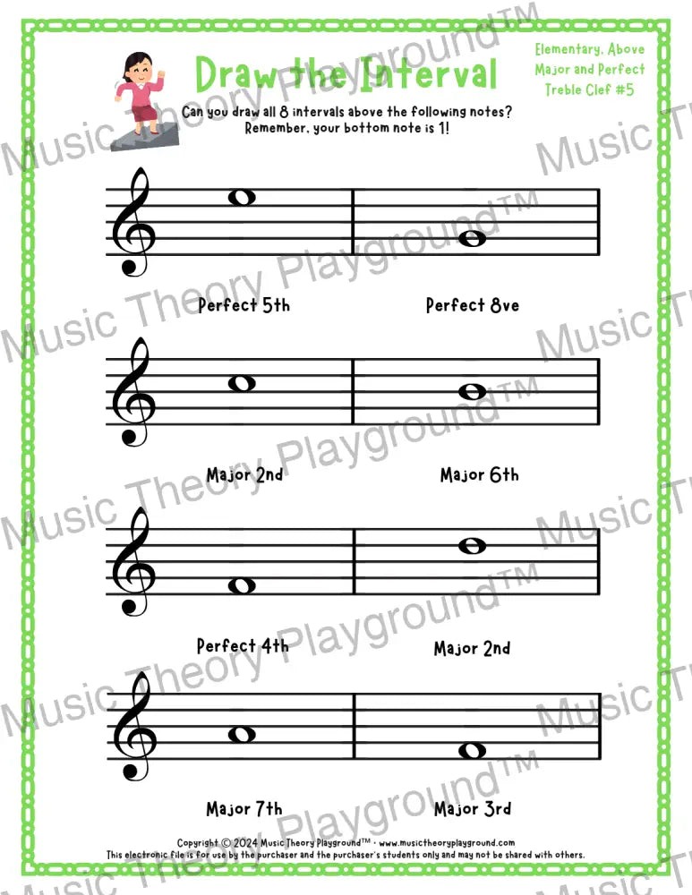 Draw the Interval: Elementary Treble Clef (Above) - Collection 1 5 / Worksheet + Answer Key Student Worksheet
