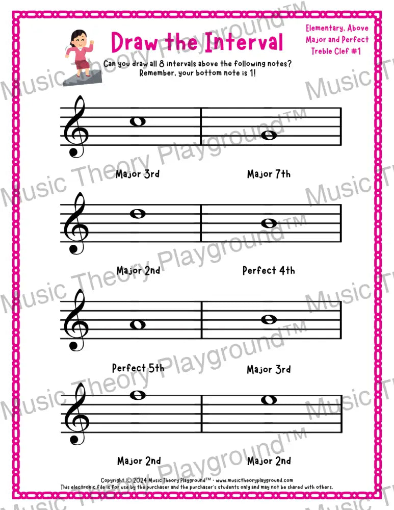 Draw the Interval: Elementary Treble Clef (Above) - Collection 1 1 / Worksheet + Answer Key Student Worksheet