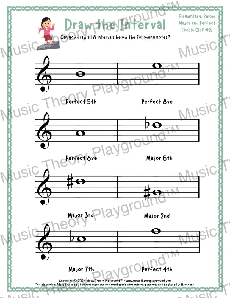 Draw the Interval: Elementary Treble Clef (Below) - Collection 2 1 / Worksheet + Answer Key Student Worksheet