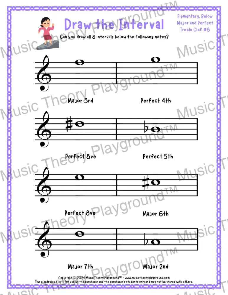 Draw the Interval: Elementary Treble Clef (Below) - Collection 2 3 / Worksheet + Answer Key Student Worksheet