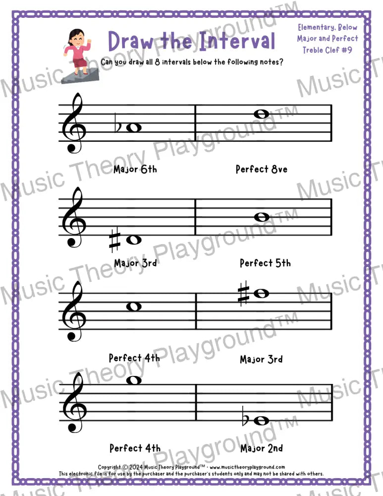 Draw the Interval: Elementary Treble Clef (Below) - Collection 2 4 / Worksheet + Answer Key Student Worksheet